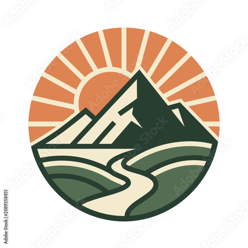 Minimalist mountain landscape circular logo with a winding river and sunset.