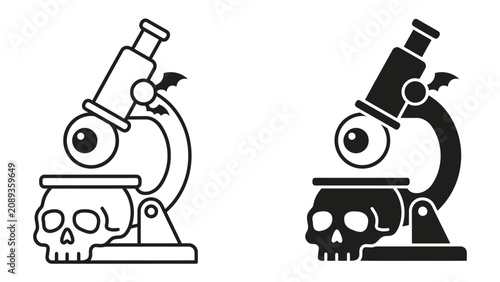 Quadro su tela Microscope Observing Skull: A stylized microscope with a bat accessory is positioned over a skull, presented in both outline and solid black illustration