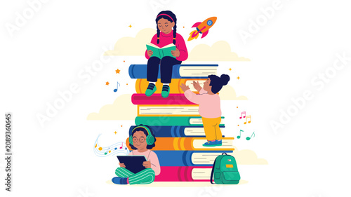 Children engaging with books, one reading on a tall stack, another climbing, a rocket flying