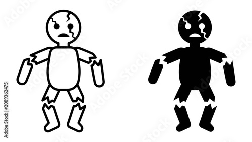 Картината върху платно Broken Doll Iconography: A stark comparison of a white and black silhouette icon depicting a damaged doll with cracked face and torn limbs, symbolizing fragility and distress
