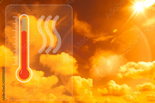 Картината върху платно A thermometer and heat wave icon appear inside a transparent warning panel over an orange sky with bright sun and glowing clouds