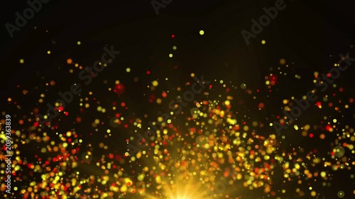 Golden Glitter Particles Floating on Black Background with Shining Bokeh Stars, Luxury Sparkling Dust, Elegant Light Flare Effects, Premium Award Celebration, Seamless 4K Loop Motion Graphics Animatio