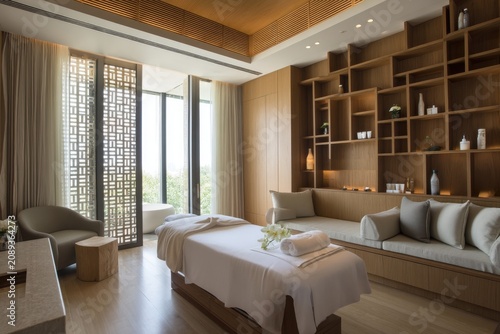 Serene spa treatment room with massage bed and wooden shelving in luxury wellness center interior