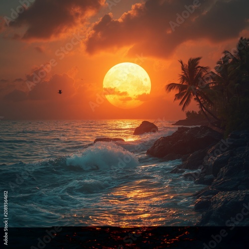 Peaceful Tropical Coastline with Glowing Sunset and Calm Ocean