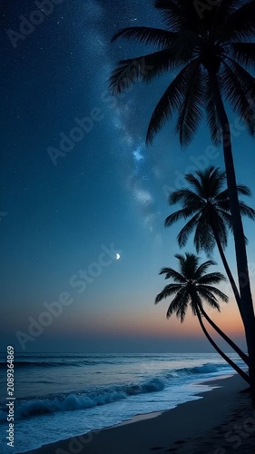 Tropical Beach Sunset with Palm Trees and Golden Ocean Reflection