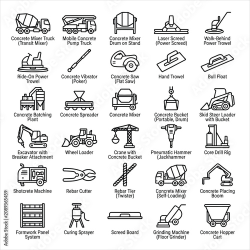 Professional concrete equipment and construction machinery vector icon set for industrial and architectural design projects