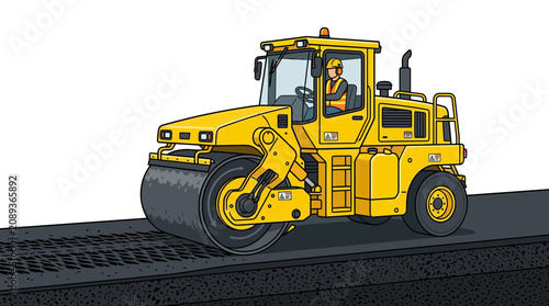 Schilderij op canvas Yellow steamroller compacting asphalt on a road construction site