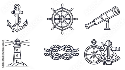Nautical Icons Set: Anchor, Ship Wheel, Telescope, Lighthouse, Rope Knot, Compass