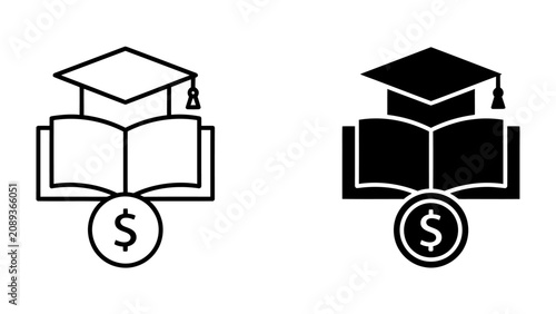 Education Investment: Two icons depicting an open book with a graduation cap and a dollar coin symbolizing financial investment in education and learning.