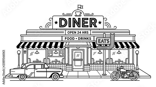 Retro Diner with Vintage Car and Motorcycle, 24 Hours Open, Neon Sign