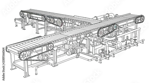 Industrial Conveyor Belt System Wireframe - Automated Production Line