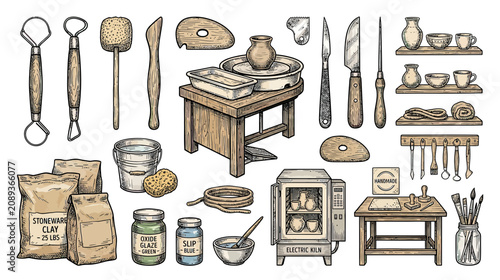 Pottery Craft Tools and Supplies - Hand-Drawn Illustration