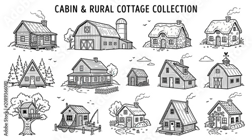 Rustic Cabin & Rural Cottage Collection - Hand-Drawn Vector Illustrations