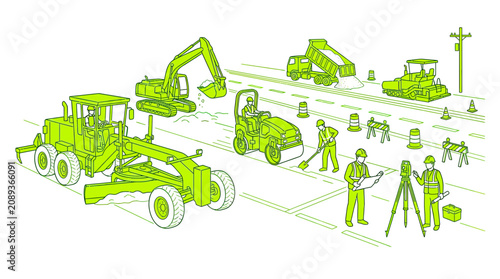 Road Construction Scene with Heavy Machinery and Workers