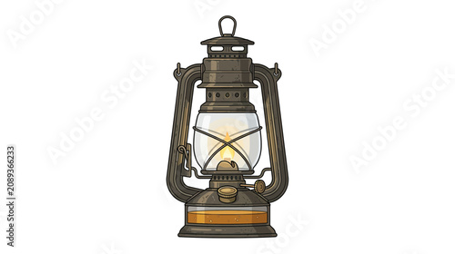 Vintage Oil Lantern with Glowing Flame - Isolated on White