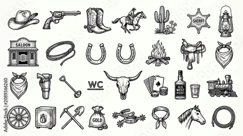 Wild West Collection: Cowboy Hat, Boots, Revolver, Horse, Cactus, Saloon, Lasso, Sheriff Star