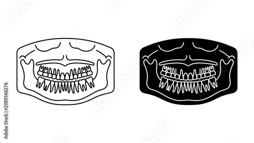 Bild auf Leinwand Dental Panoramic X-ray Icons: Two contrasting icons, one outlined and one solid silhouette, depict a dental panoramic x-ray showing teeth and jaw structure