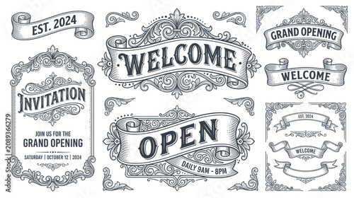 Vintage Invitation, Grand Opening, Welcome, Open Banners & Ornaments - Hand Drawn