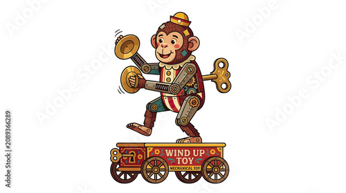 Vintage Wind Up Monkey Toy Playing Cymbals on a Train
