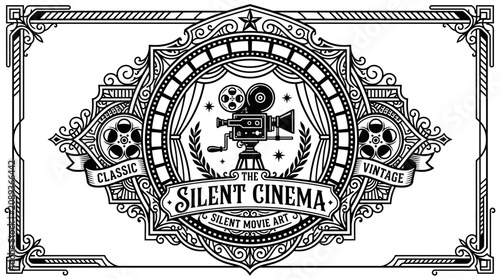 Vintage Silent Cinema Emblem with Film Reel and Camera - Classic Movie Art