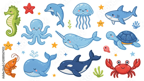 Bild auf Leinwand Colorful cartoon fish and sea creatures swimming in a playful underwater scene