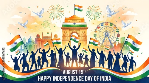 India independence day celebration vibrant watercolor illustration with national flags landmarks