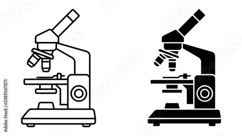 Obraz na płótnie Microscope Icons: Two simplified vector illustrations of a microscope, one outlined and one filled, presented side-by-side for comparison or diverse application
