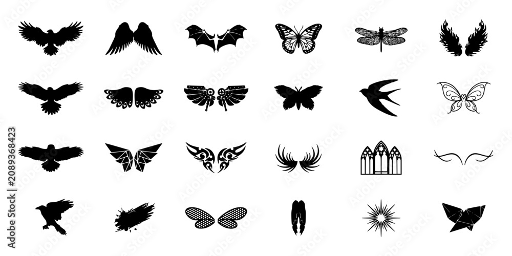 Fototapeta premium Wing Designs Set with 24 Distinct Black and White Vector Silhouettes for Decorative Fashion and Tattoo Patterns