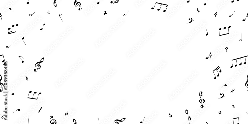 Obraz premium Musical Notes Abstract Pattern with Scattered Black Symbols on White Background for Creative Music Design