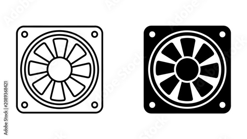 Foto Computer Fan Icon Set: A minimalist vector graphic set featuring two icons of a computer cooling fan, one in outline style and the other as a solid silhouette