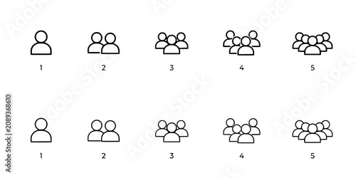 People Group Icons Set with Simple Outline Vector Silhouettes Showing Varying Team Sizes and Collaboration Roles