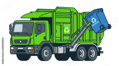 Green Recycling Truck Collecting Blue Bin with Recycling Symbol