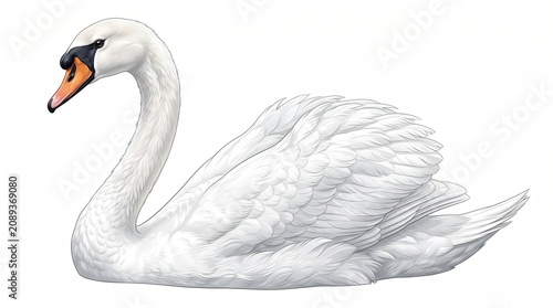 Bild auf Leinwand Elegant white swan illustration on white background, graceful mute swan with det