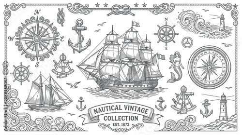 Nautical Vintage Collection: Sailing Ship, Compass, Anchor, Lighthouse, Mermaid Illustration
