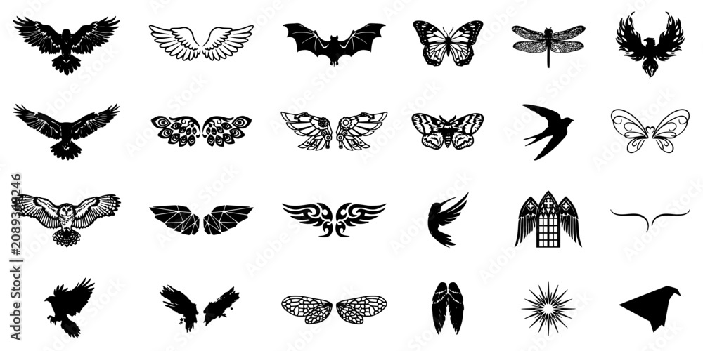 Fototapeta premium Wing Design Set with 24 Distinct Black and White Silhouettes, Butterflies, Feathers, Bats, and Decorative Shapes