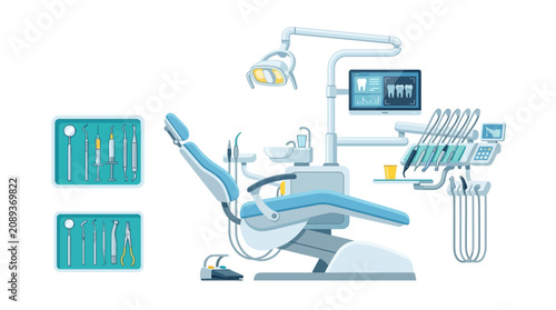 Modern Dental Clinic Equipment and Tools, Chair and Instruments