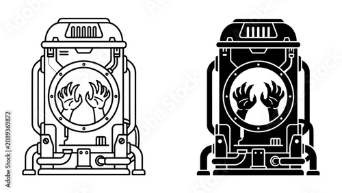 Canvastavla Sci-Fi Containment Unit with Reaching Hands: Two stylized illustrations depict a futuristic containment chamber with a circular window, through which two pairs of hands reach out