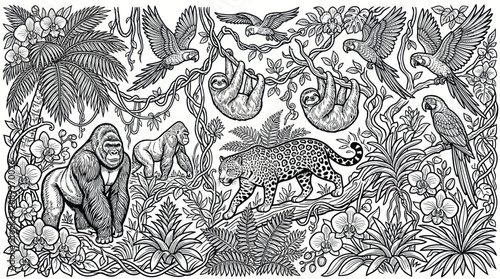 Obraz na płótnie Intricate jungle wildlife coloring page with gorilla and leopard.