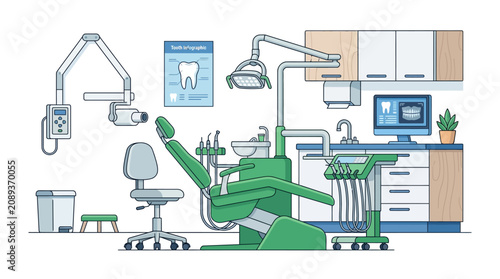 Modern Dental Clinic Interior, Treatment Room, Dental Chair, Equipment Illustration