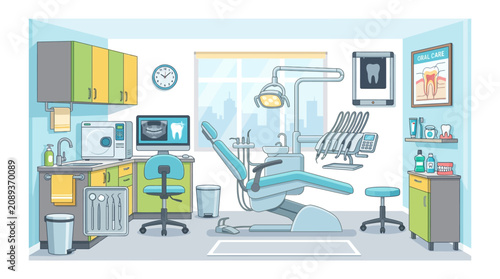 Modern dental clinic interior with treatment chair, equipment, and X-ray