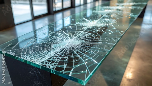 Obraz na płótnie Modern glass table with unique cracked design.