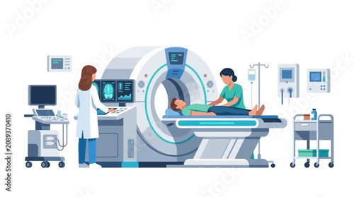 Patient undergoing MRI scan with medical professionals. Modern diagnostic equipment.
