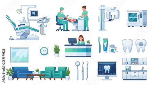 Dental Clinic Flat Vector Icons Set: Care, Equipment, and Reception