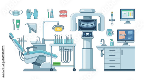 Dental Clinic Equipment Flat Design Icons: Chair, X-ray, Tools