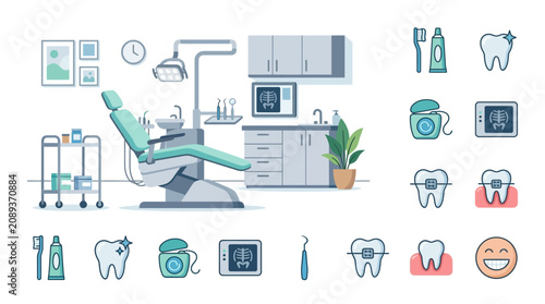 Dental Clinic Interior and Icons - Healthcare, Oral Hygiene & Dentistry Tools