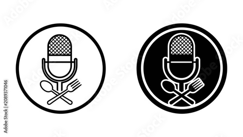 Quadro su tela Food Podcast Icon: A simple graphic symbol featuring a microphone crossed with a fork and spoon, representing a culinary or food-related podcast
