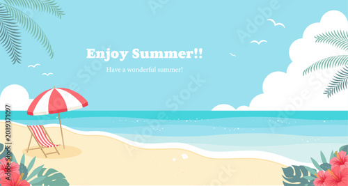 パラソルのある南国のビーチの背景イラスト素材 ベクター 夏 海 ハイビスカス リゾート