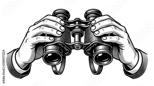 Bild auf Leinwand Vintage Binoculars Held by Hands - Vintage Illustration, Looking Through Binocul