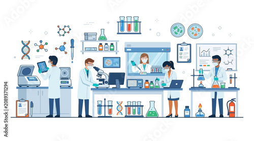 Diverse scientists conduct research in a modern laboratory, working with equipment.