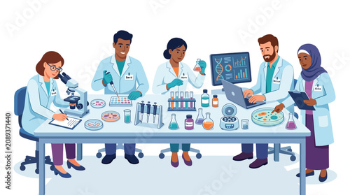 Diverse scientists in lab coat working together at table with equipment, research and innovation